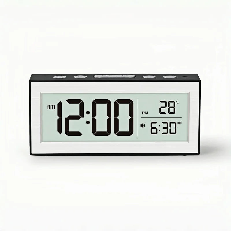 Battery Powered Digital Alarm Clock TEMP Date Backlight Night Vision Unlimited Snooze Table Clock 12/24H Auto Dimmable