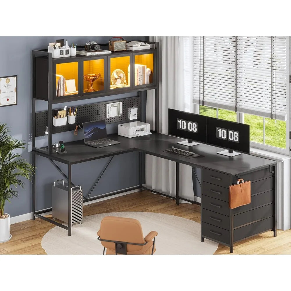 L Shaped Gaming Desk with Drawers L Shaped Computer Desk with Hutch and Storage Shelves Gaming Desk with Pegboard Led