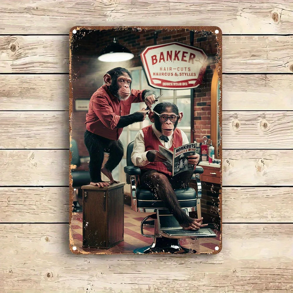 Vintage Barber Shop Chimpanzee Scene Metal Sign - Aluminum Wall Art Retro Style Poster for Home Office or Salon Decor