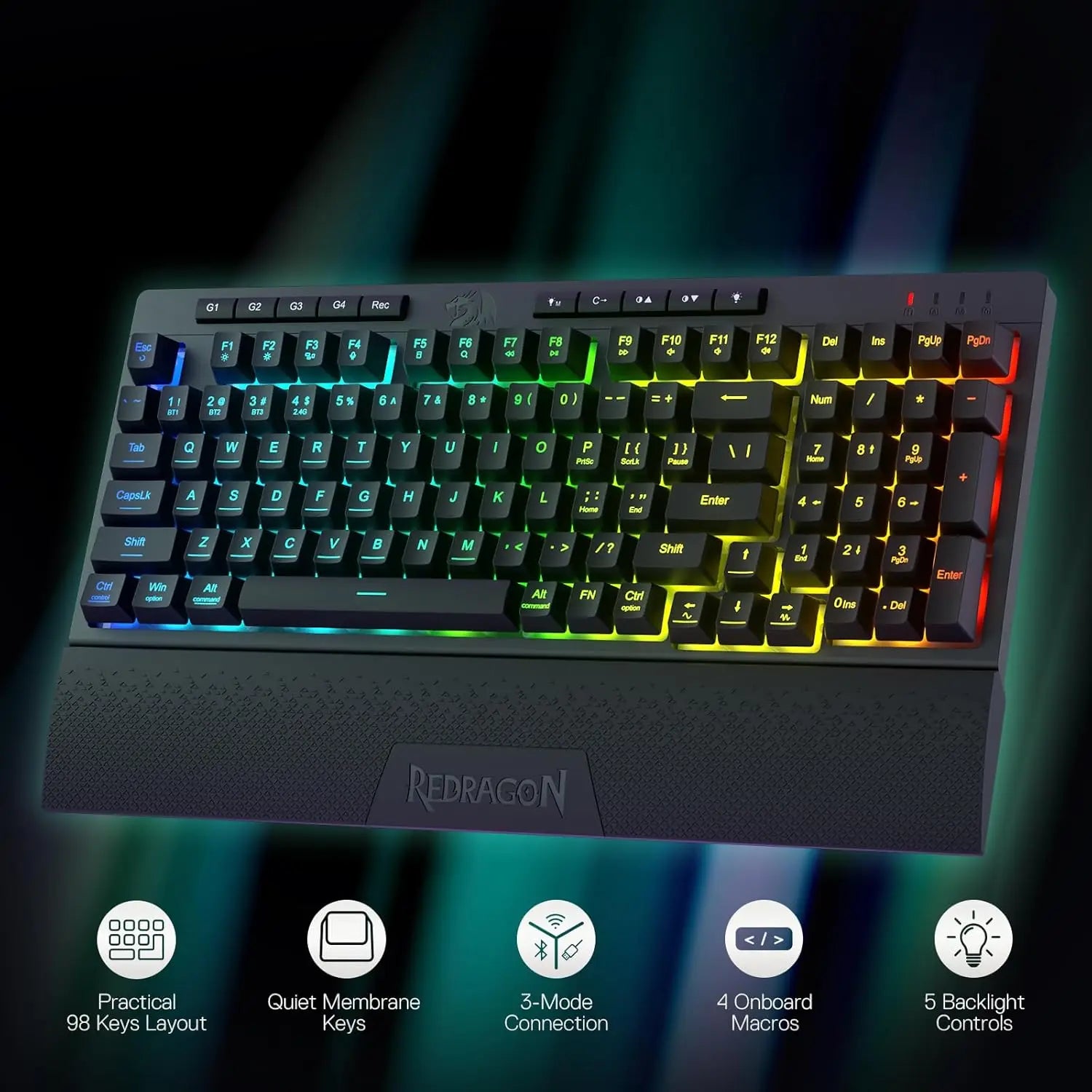 Redragon K515 PRO Shiva RGB Wireless 98 Keys Mechanical Membrane Gaming Keyboard Smooth Linear Switch Detachable Wrist
