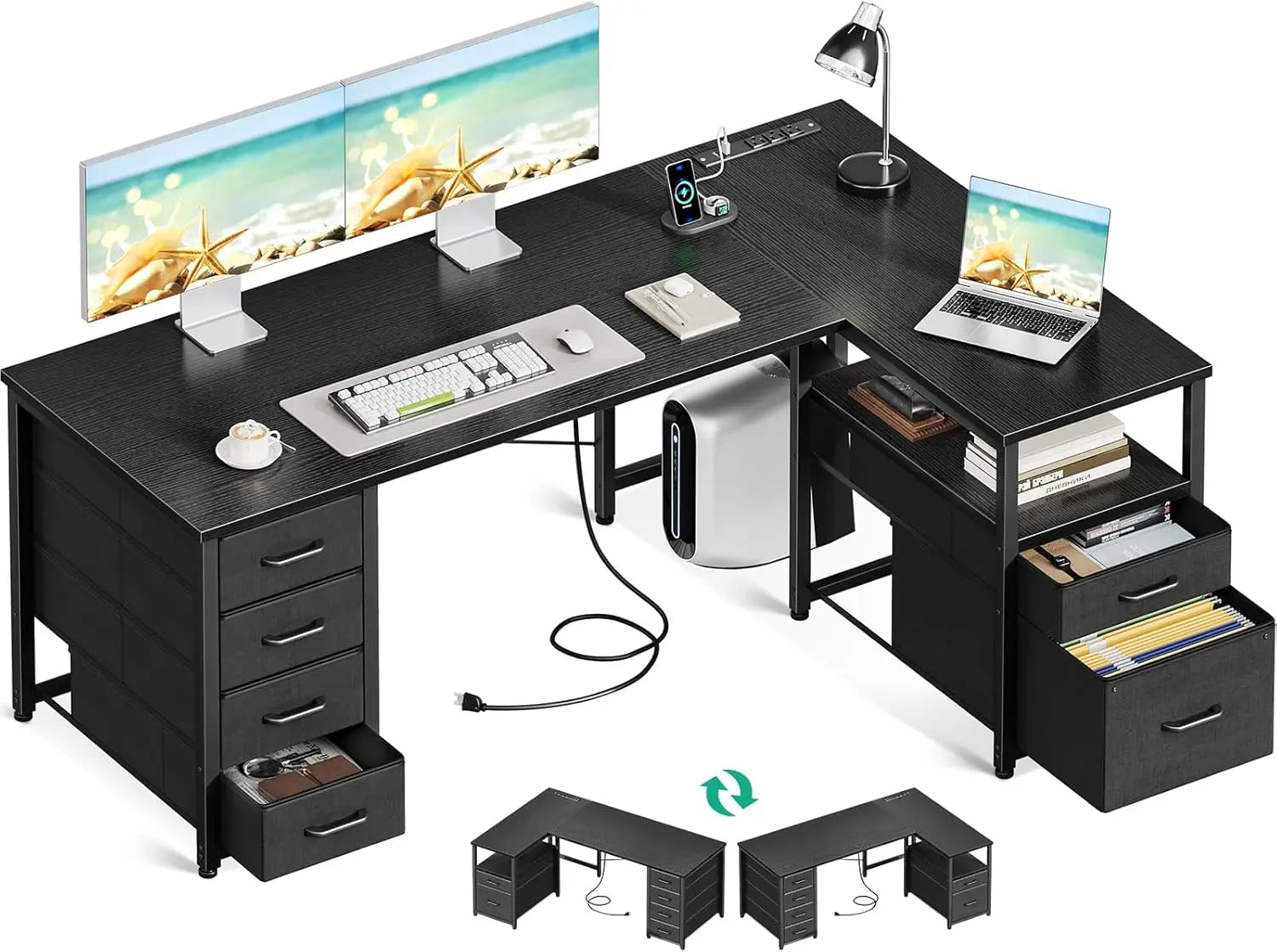 L Shaped Computer Desk with 6 Drawers & Power Outlet 55 Inch Corner Desk with Reversible Storage Shelf & File Drawer