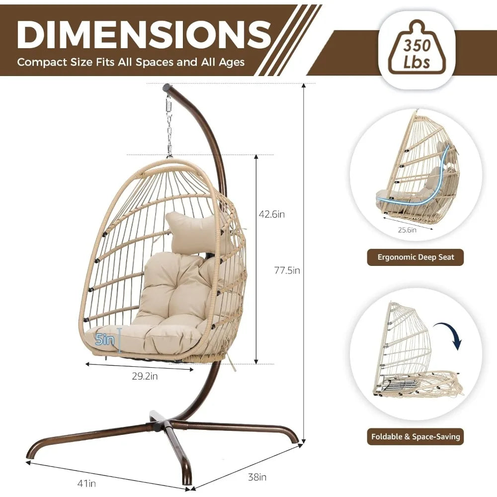 Cozy Hanging Egg Chair with Stand Indoor Outdoor Wicker Patio Basket Swing Chair with Cushion and Golden Legs 350lbs