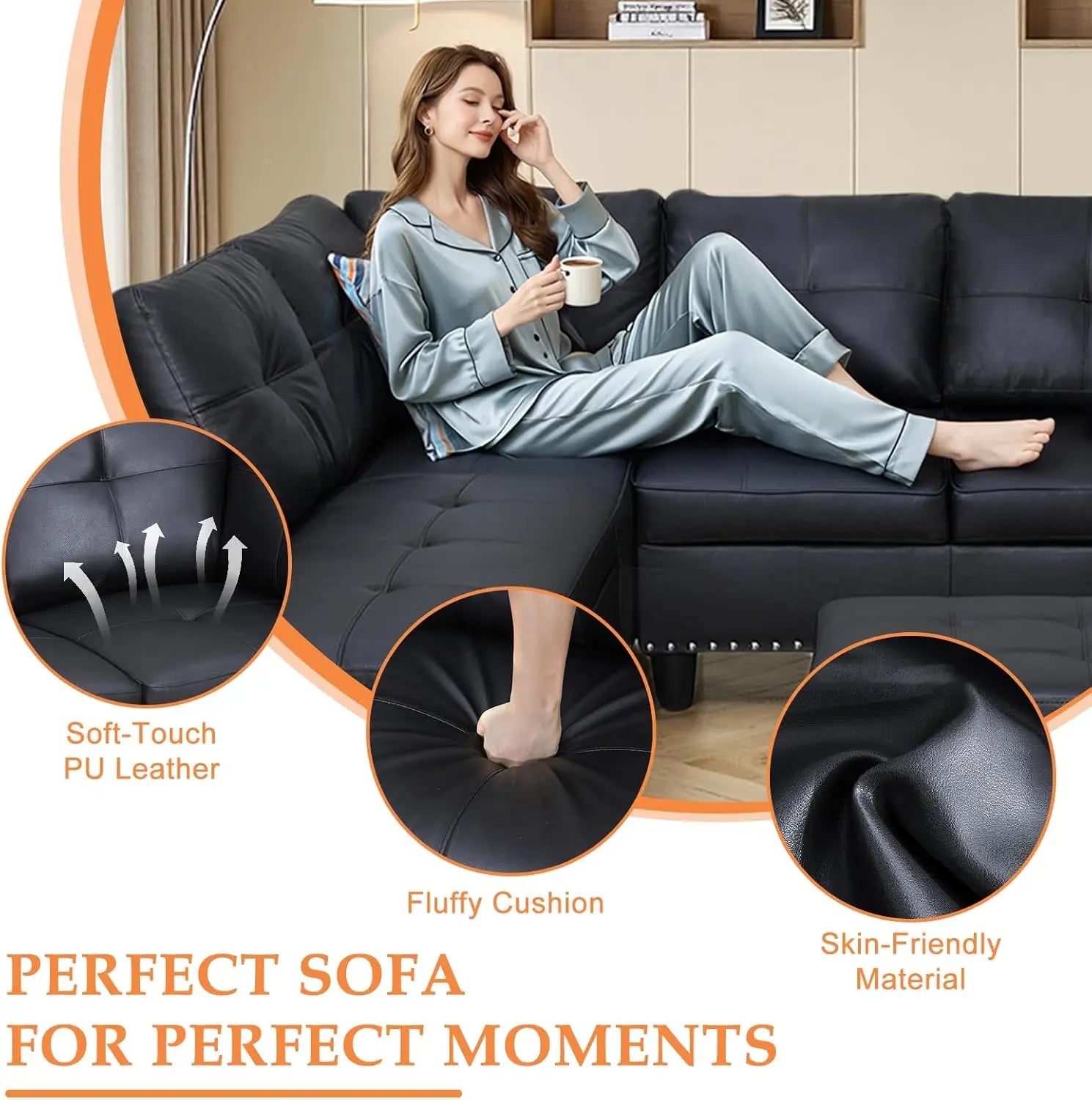 Sectional Sofa Couch Modern 4-Seaters Living Room Furniture Sets with Chaise Lounge Ottoman & 2 Pillows | L Shape Couch