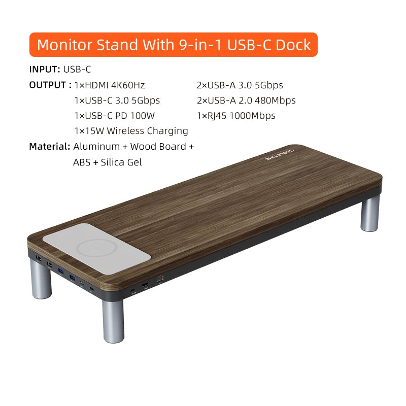 CABLETIME Monitor Stand with USB-C Hub 9 in 1 Dock HDMI 4K60Hz PD100W RJ45 Wireless Charging for Macbook PC Laptop Desk