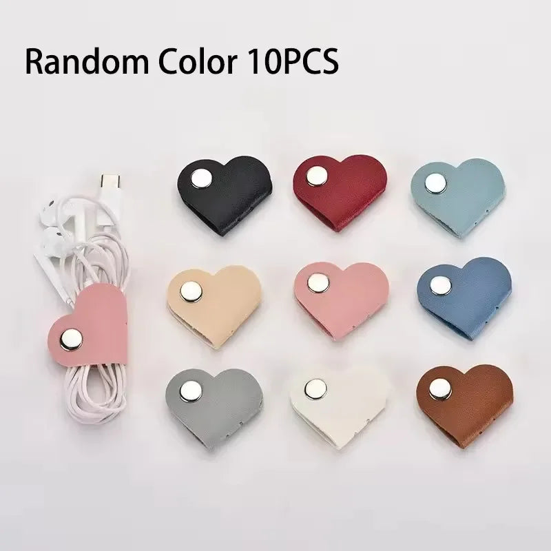 Multifunctional PU Leather Phone Data Cable Organizer Data Storage Heart-shaped Cable Clip Hub Wired Headphone Winding