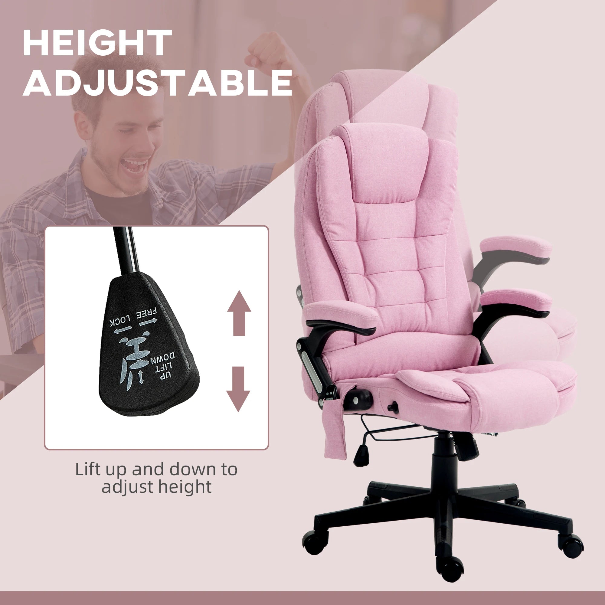 Massage Office Chair with 6 Points Heat Linen Executive Office Chair Pink - Pink / United States