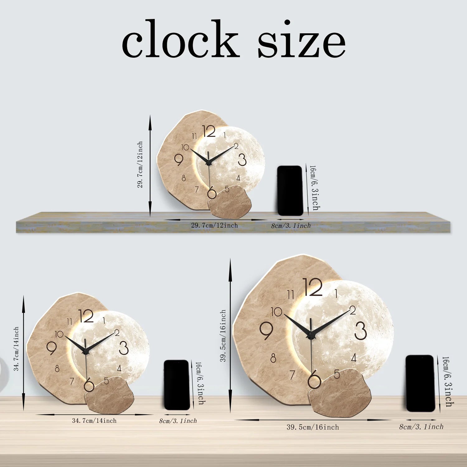 Modern Simple Silent Wall Clock Moon Design - Quartz Movement Wooden Material for Bedroom Living Room or Office