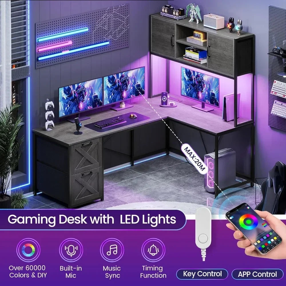 L Shaped Gaming Desk Reversible Computer Desk with Fabric Drawers and Power Outlet Gaming Desk with Led Lights