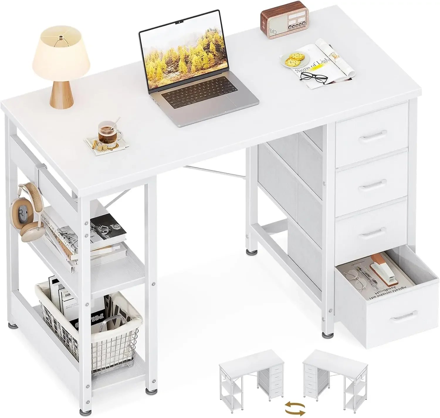 40 Inch Small White Computer Desk with 4 Fabric Drawers Modern Writing PC Desk - United States