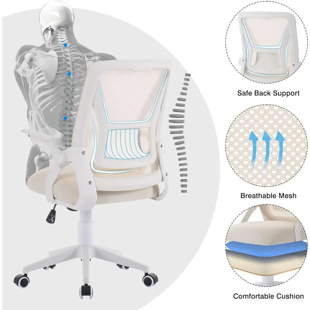 Beige Desk Chair Mid-back Swivel Ergonomic Office Chair With Adjustable Arms Mesh Lumbar Support for Computer Task Work