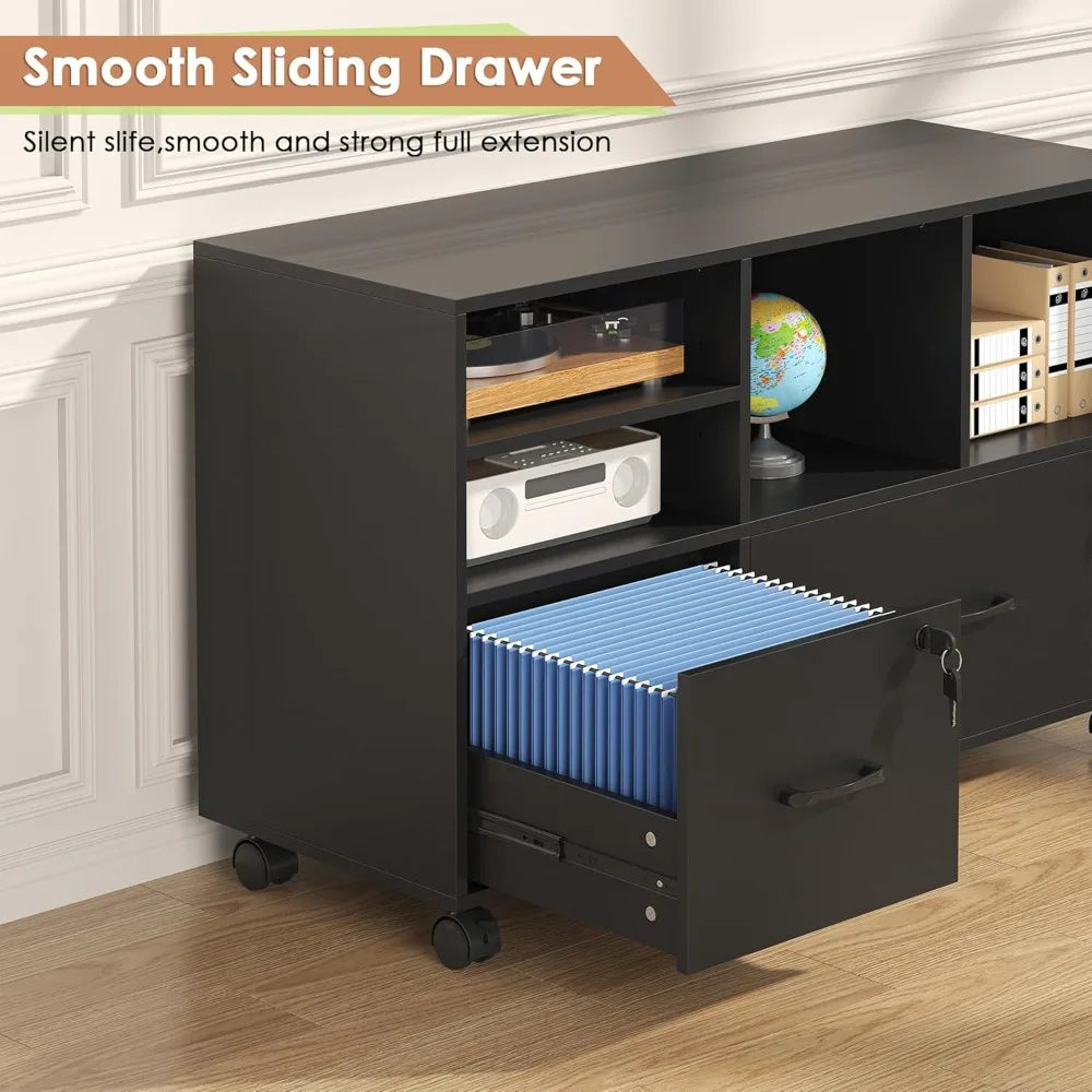 Wood Lateral File Cabinet with Lock,Lockable Rolling Filing Cabinet with Adjustable Storage Shelves,Printer Stand