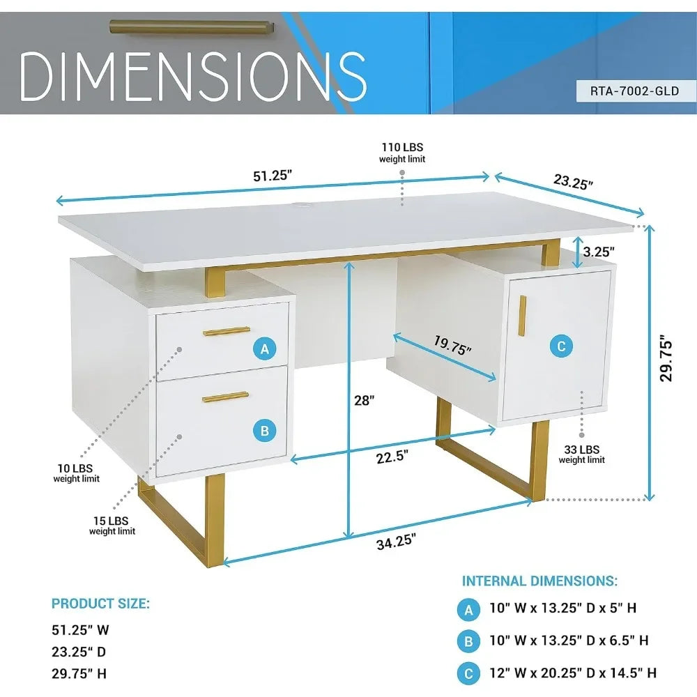 Drawers and Cabinet 51.25” W-Modern Office Large Floating Desktop Surface Desk 23.6’’ D x 51.2’’ W x 29.8’’ H