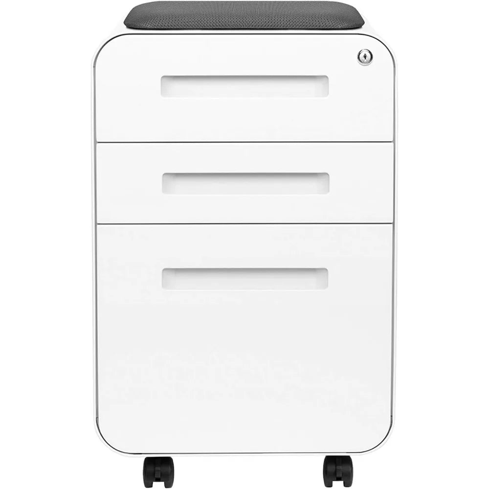 STOCKPILE Curve Seated 3-Drawer Mobile File Cabinet with Removable Magnetic Cushion Seat - Metal Filing Cabinet