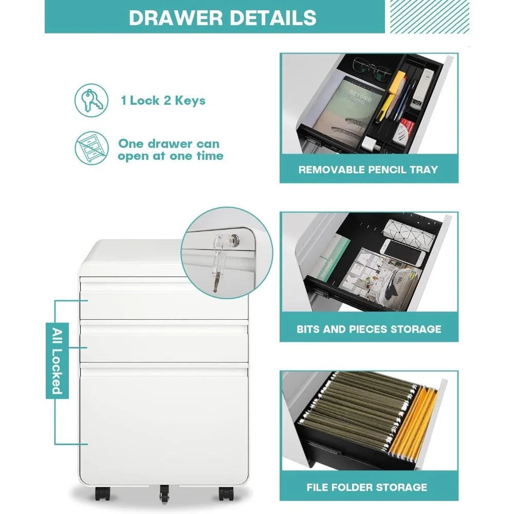 3 Drawer File Cabinet Metal Filing Cabinets with Lock Wheels for A4/Legal/Letter File Anti-tilt Under Desk Design
