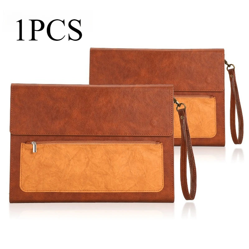 1PCS Leather A4 Document Bag Thickened File Folder Large Capacity Storage for Office Home Use - Chocolate