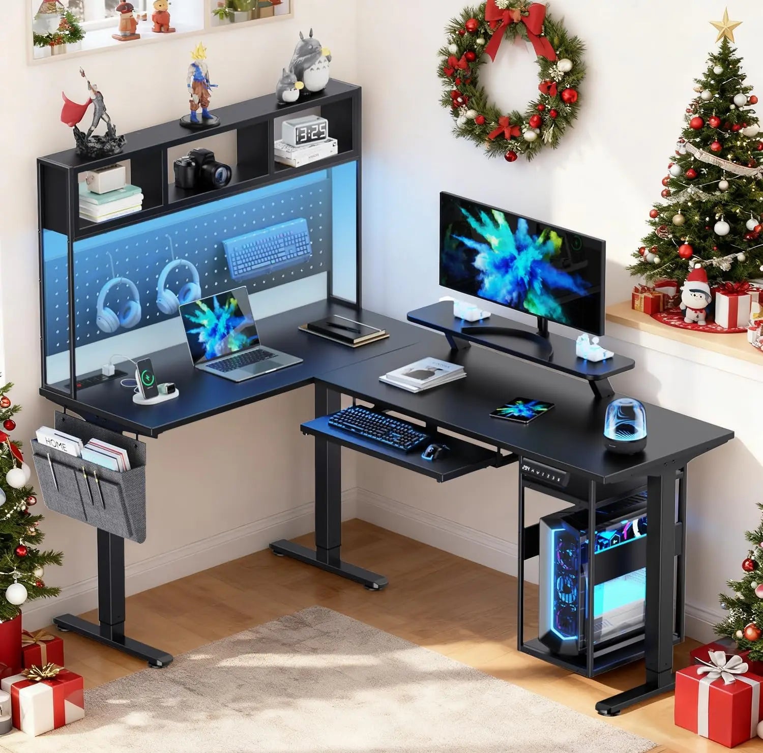Electric L Shaped Standing Desk Adjustable Height 67’’ x 47’’ Corner Computer Desk with Host Shelf Gaming Desk with LED