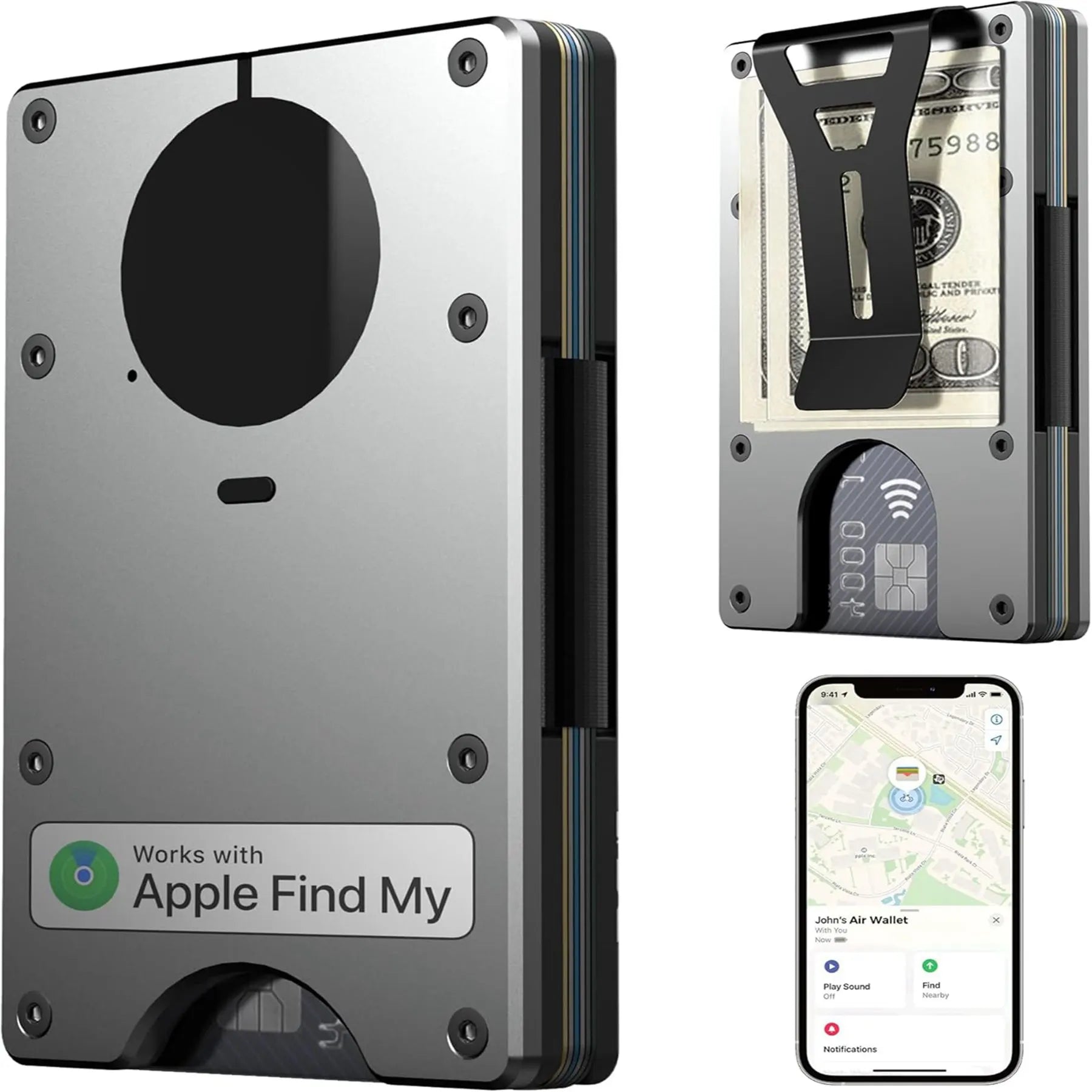 Wallet with Built in Airtag Chip RFID Blocking Credit Card Holder Compatible with Find My iOS Only Detachable Money