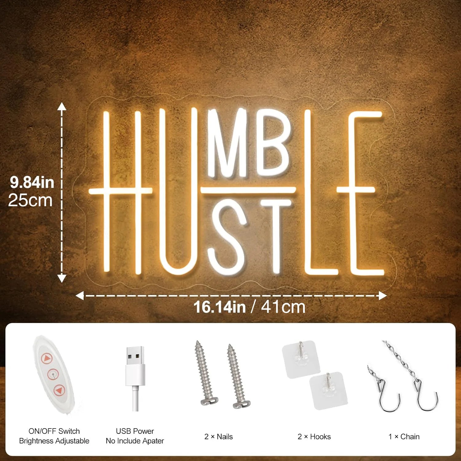 1 pc Hustle LED neon sign for wall decoration USB power supply suitable for office gym Man Cave decoration - WHITE