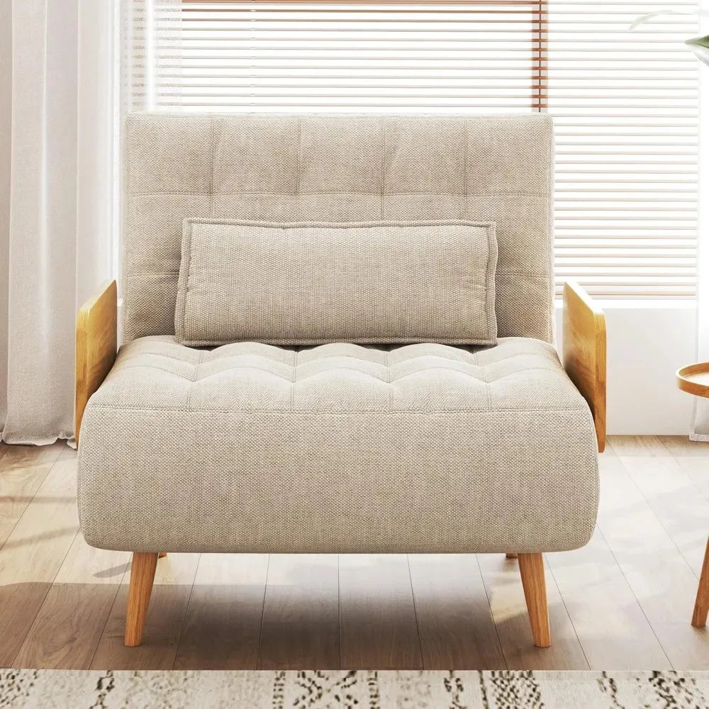 3-in-1 Convertible Chair Bed Sleeper for Adults Linen Convertable Sleeper Chair with Wooden Arms & Pillows Foldable