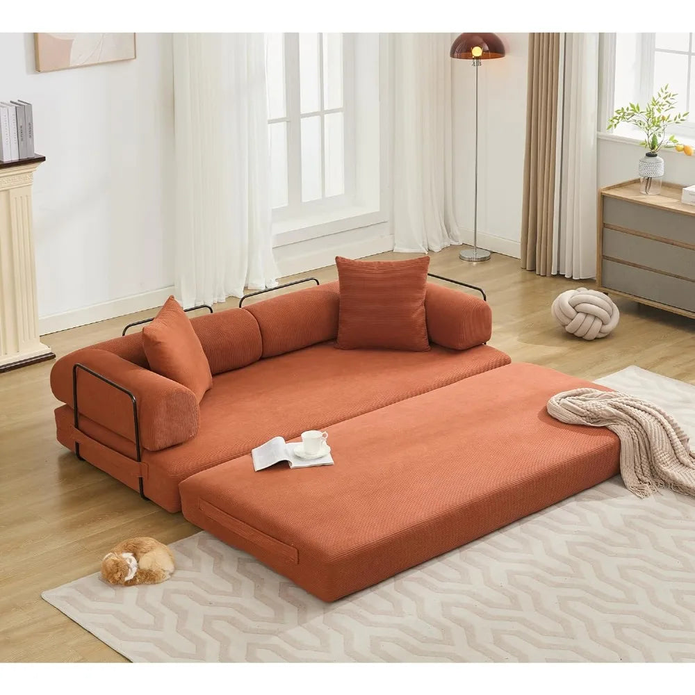 Convertible Sleeper Sofa Bed with Cylindrical Pillow Corduroy Folding Mattress Couch with Fixed-Shape Frame Floor Sofa