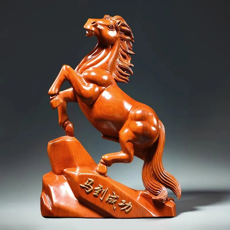 Rosewood Carved Horse Statue - Wealth Lucky Zodiac Horse Decor for Home/Office Desk Chinese Feng Shui Craft Gift