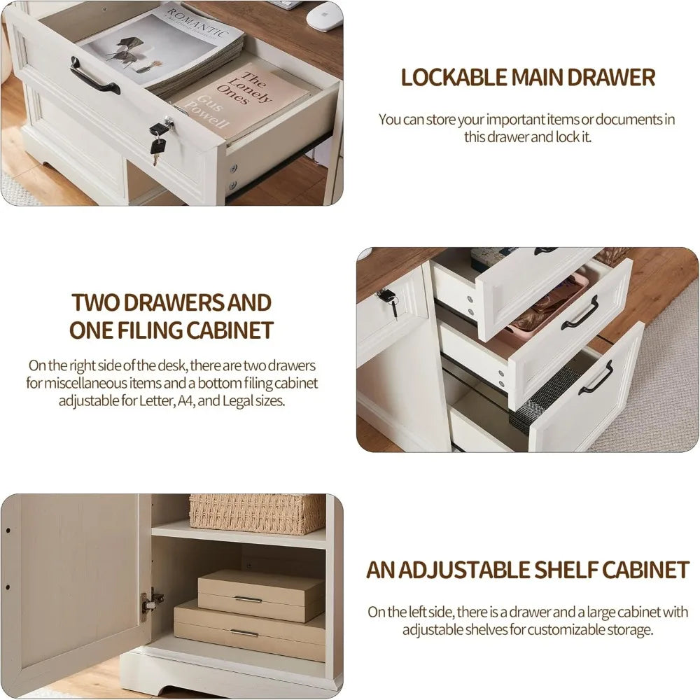 ’60’’ L-Shaped Farmhouse Desk - 40’’ Mobile File Cabinet & Charging Station Storage for Office/Home’ - United States