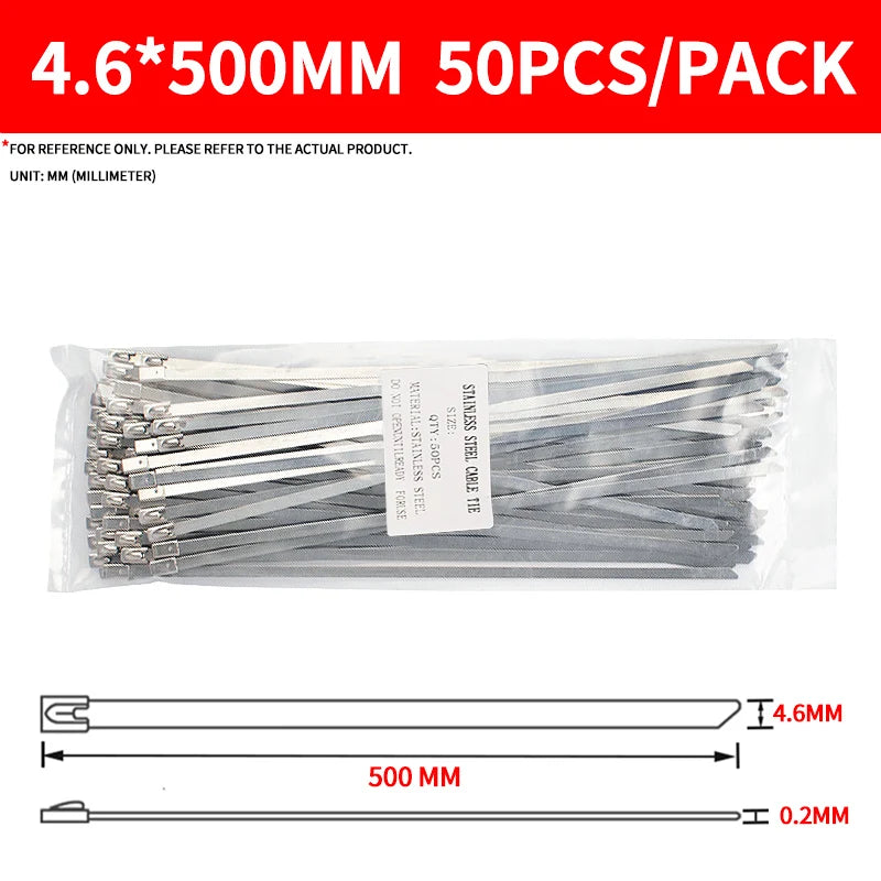 50Pcs 304 Stainless Steel Cable Ties Self-Locking Anti-Rust Metal Zip Ties for Electrical Wiring Harness Heavy Duty
