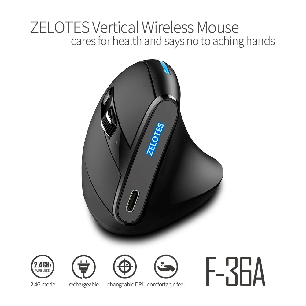 ZELOTES F-36A 2.4G Wireless Mouse 2400 DPI Adjustable Optical Vertical Mouse 6 Buttons for Computer Laptop Desktop