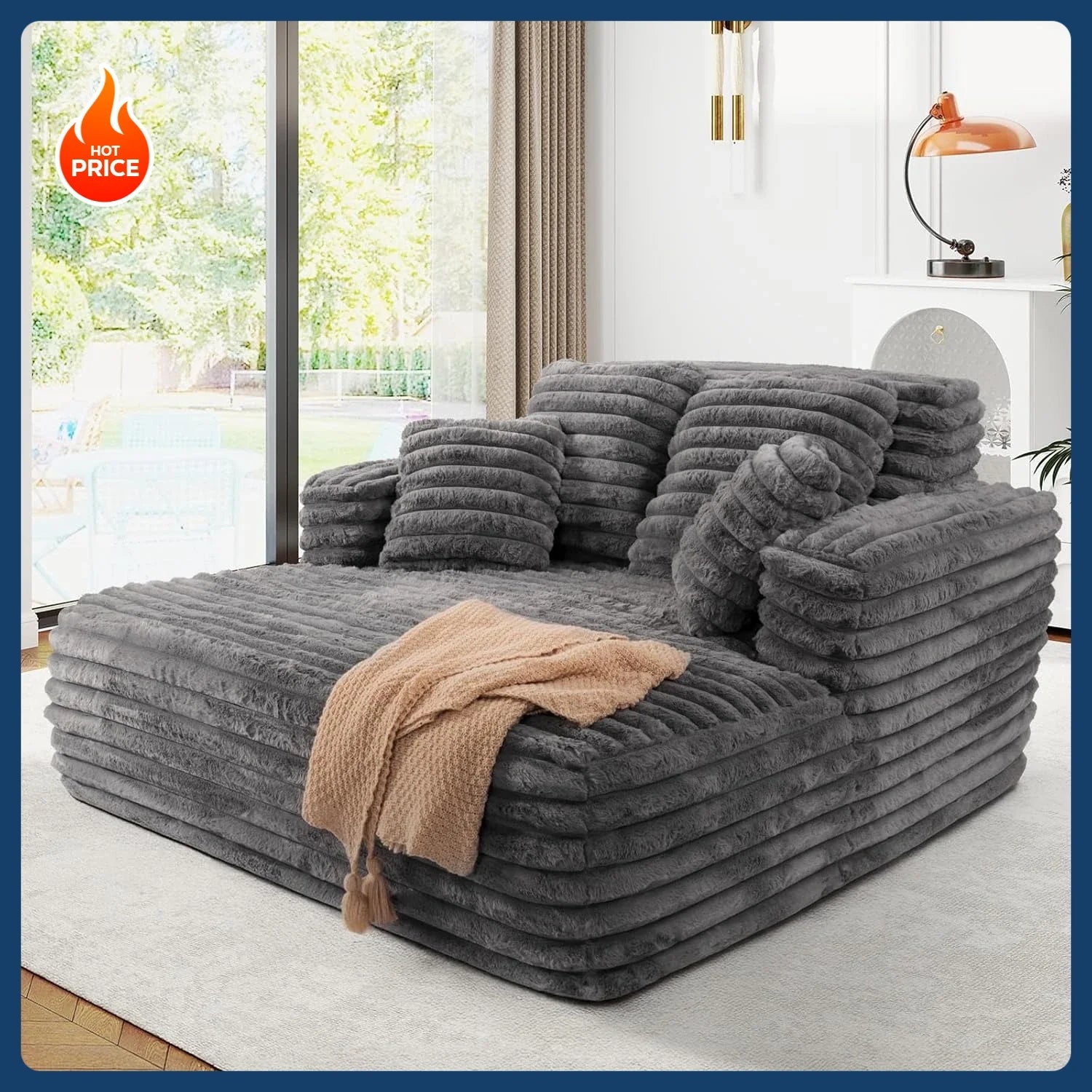 [Limited Stock!]56’’W Oversized Chaise Lounge Chair Indoor,Plush Faux Fur Sleeper Sofa Couch Bed with Pillows&Wide