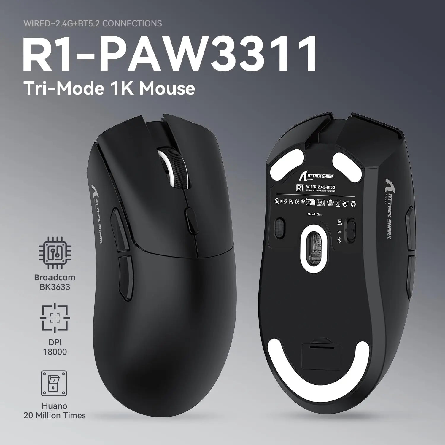 MAMBASNAKE x ATTACK SHARK R1 59g SUPERLIGHT Mouse PixArt PAW3311 Gaming Sensor BT/2.4G Wireless/Wired Gaming Mouse