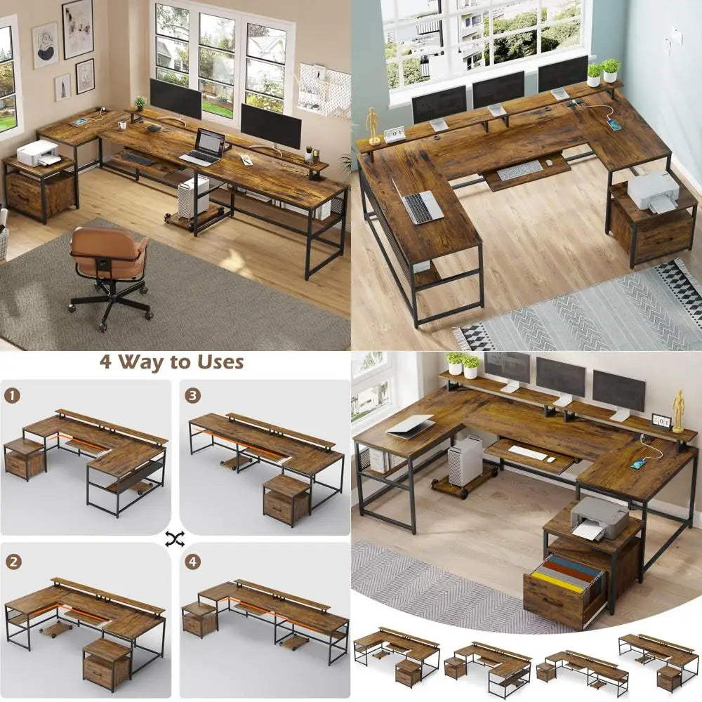 Two-Person L-Shaped Home Office Desk with File Drawer and Power Outlet Reversible U-Shaped Design for Maximum Space