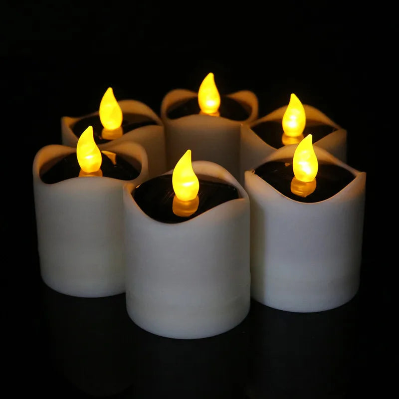 6Pcs Solar Powered LED Candle Light Yellow Outdoor Waterproof Flicker Tea Lamp for Festival Wedding Party Romantic