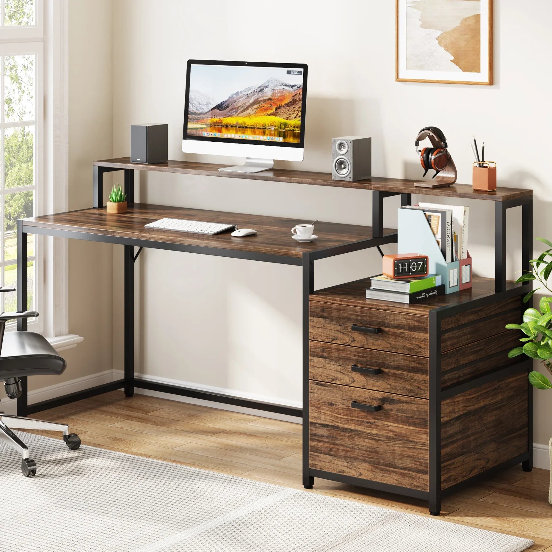 Tribesigns 63 Inch Computer Desk with File Drawer Cabinet Ergonomic Office Desk with Monitor Stand Industrial Computer