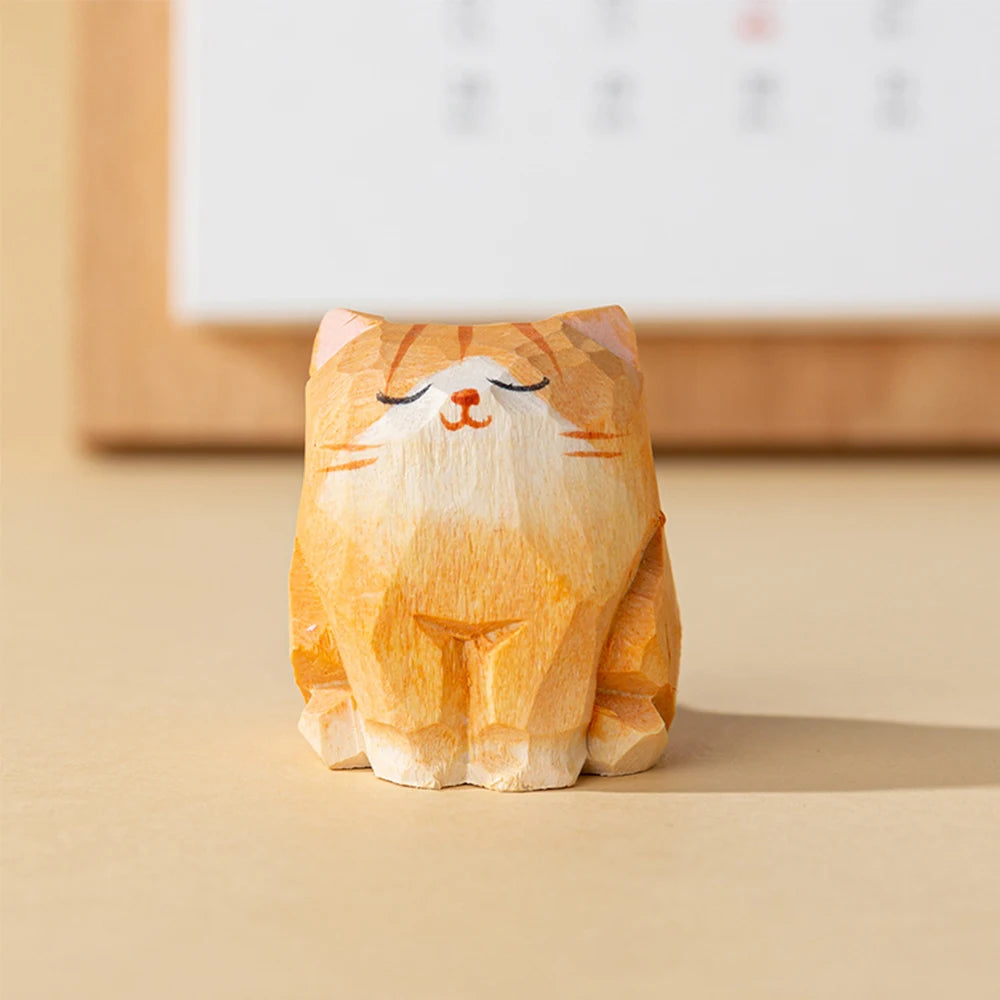 Handcrafted wood carving Home decorations desk accessories room decor Handmade Orange Tabby Cat Statue Hand-carved Cat