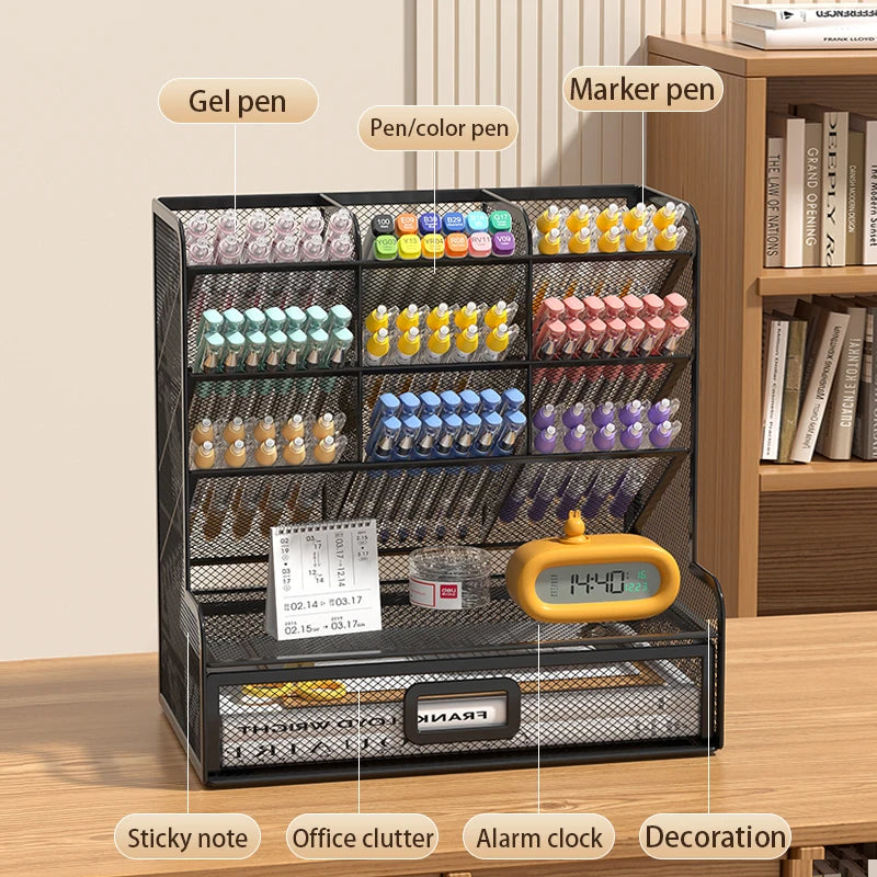 Desk Organizer Mesh Desktop Office Supplies Pen Holder Stationery Holder with 9 Compartments and 1 Drawer for Office