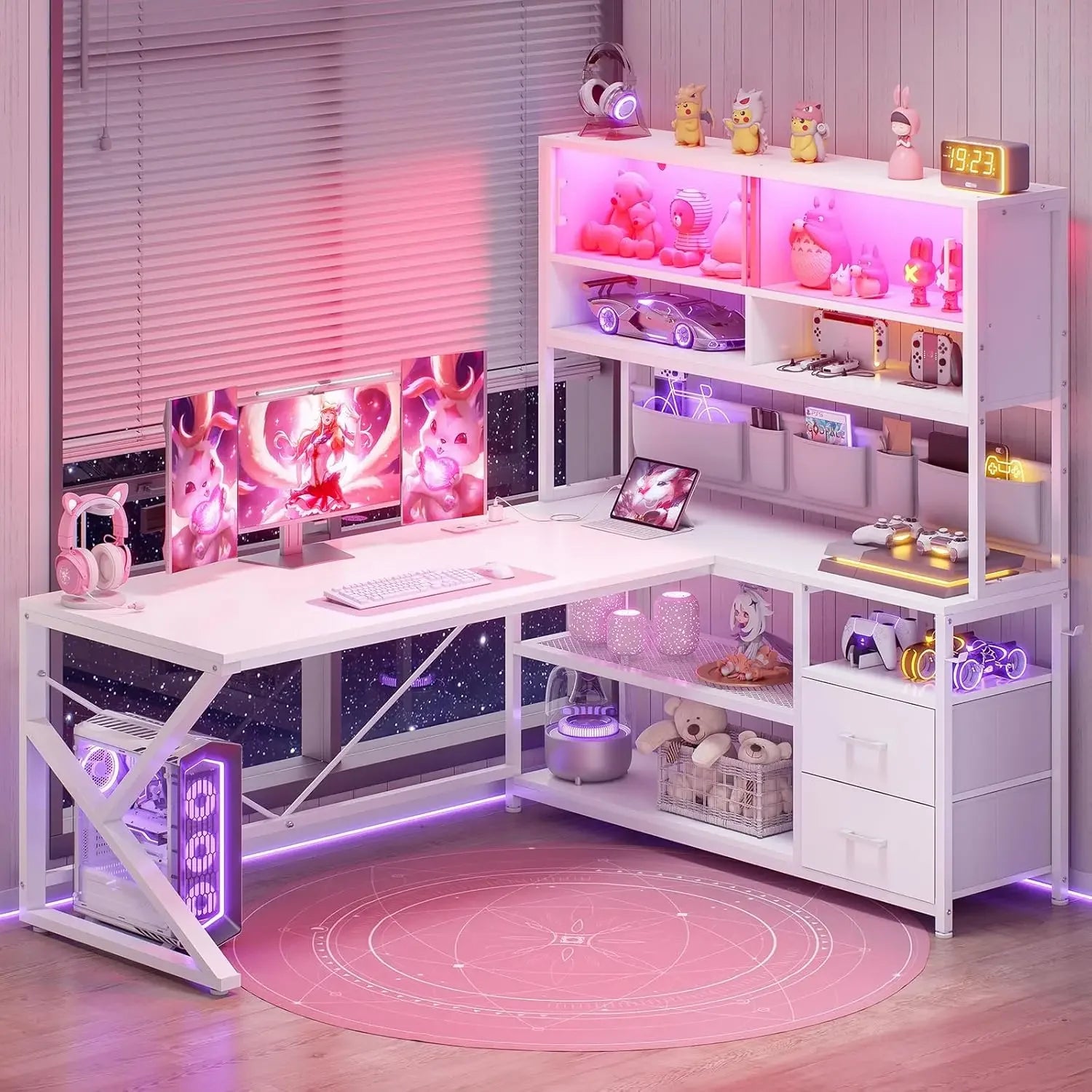 L Shaped Gaming Desk Home Office Computer Desk with 2 Drawer and Bookshelf L Shaped Gaming Corner Desk with LED Light