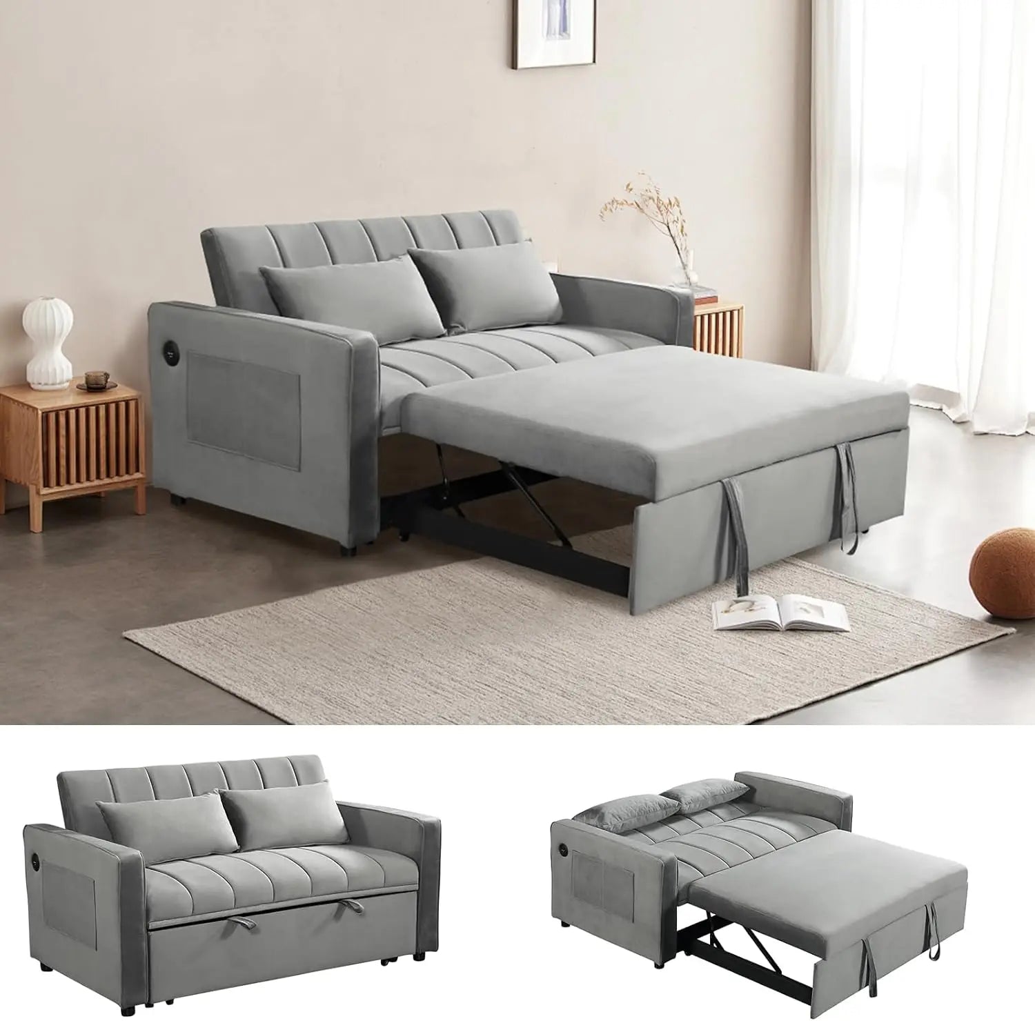 Sleeper Sofa Velvet Pull Out Sofa Bed Convertible Sofas Couch Adjustable Backrest Loveseat Sofa Couch Side Pocket