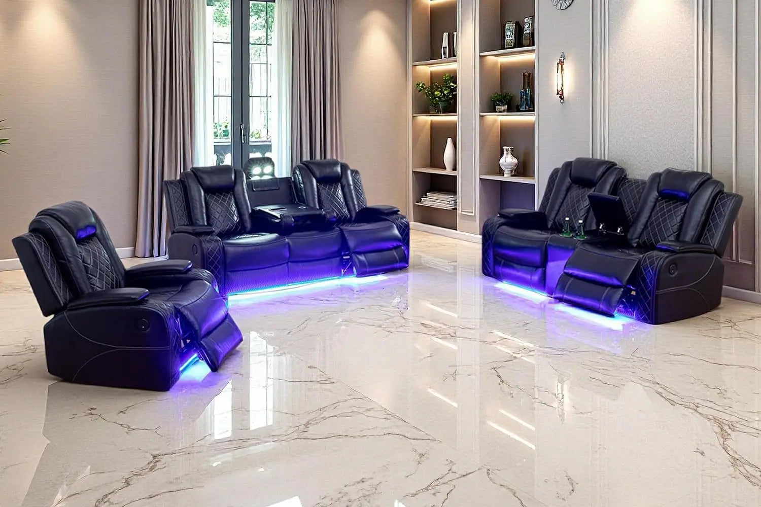 Power Recliner Sofa Set Black Leather 3 Pieces Sectional Couch Living Room Furniture Sets with LED Light Modern Power