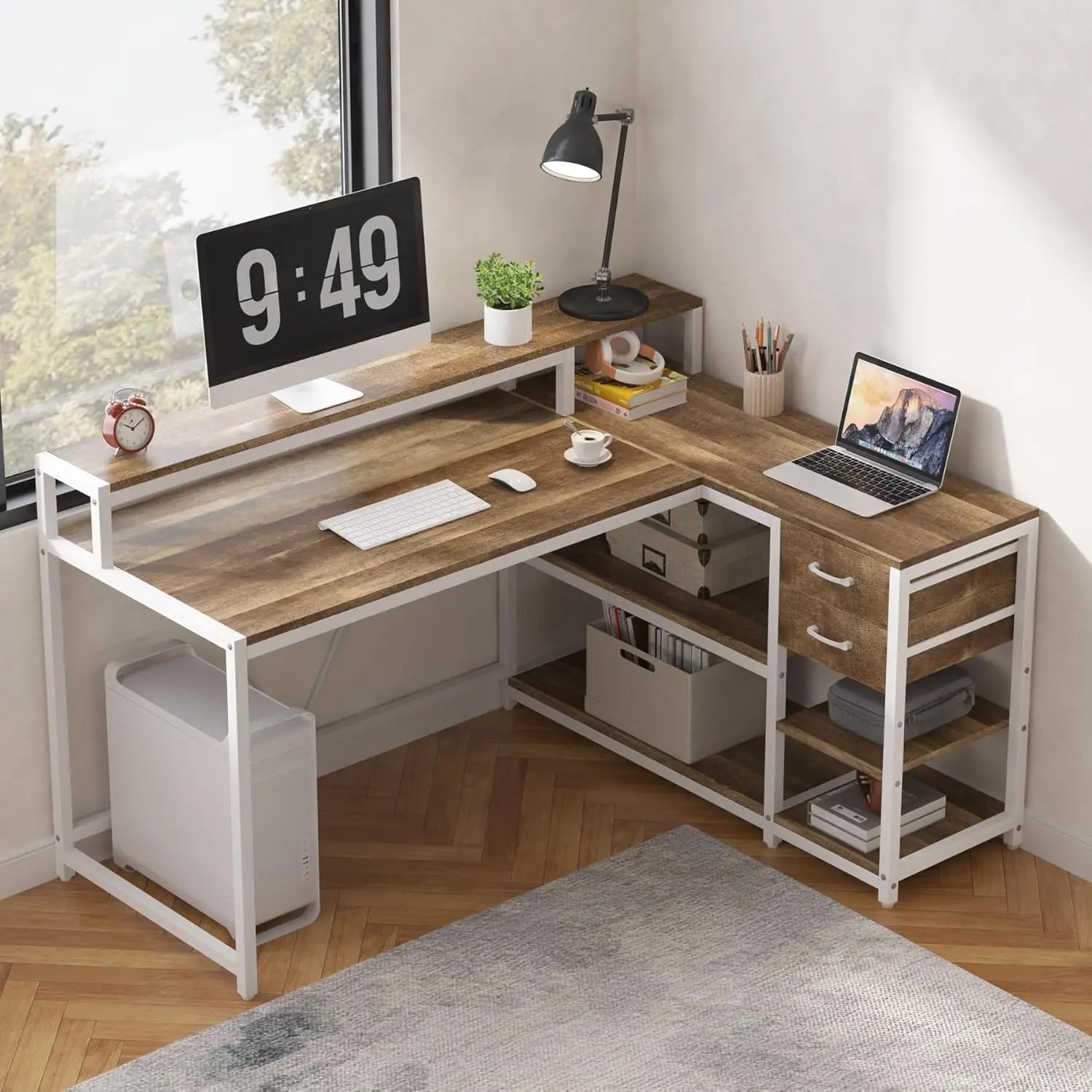 L Shaped Desk with Drawers and Storage Shelves Home Office L Corner Desk with Monitor Stand 55’’ x 24’’ Desktop