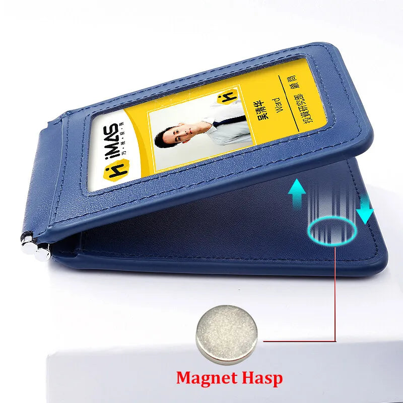 Top Grade Genuine Leather ID Badge Holder Business Cards Holders with Neck Lanyard Formal Staff Magnet Closed ID Card