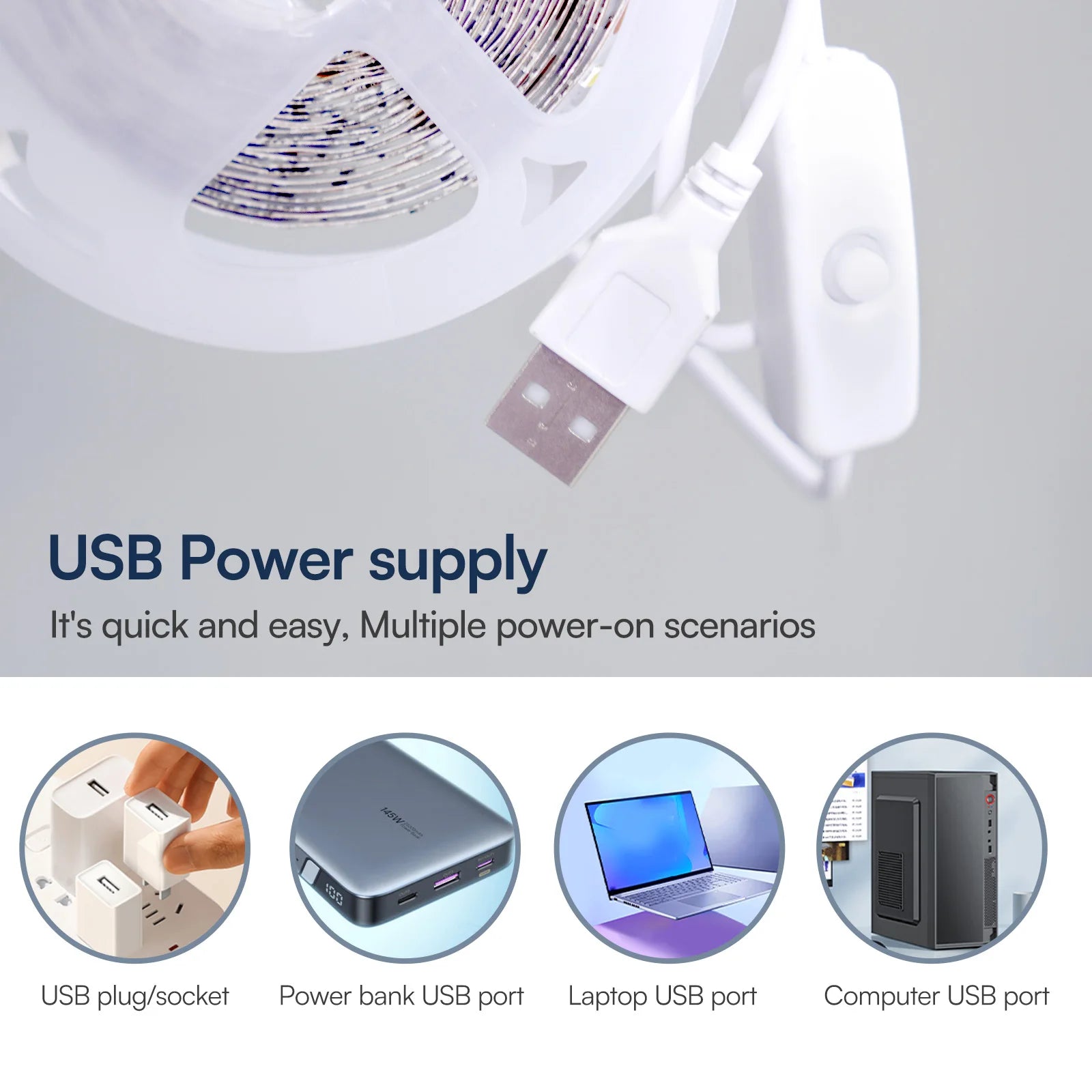 White LED Strip Light 16.4FT 5V USB Light Powered Flexible SMD2835 Tape Lights for Bedroom TV Backlight Kitchen Mirror