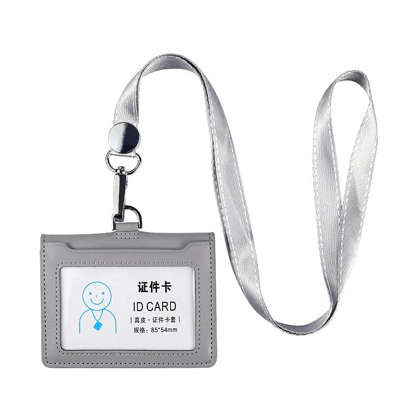Cowhide ID Card Holder Business Document Case Leather Factory Staff Office Workers Badge Tag Cases with Lanyard