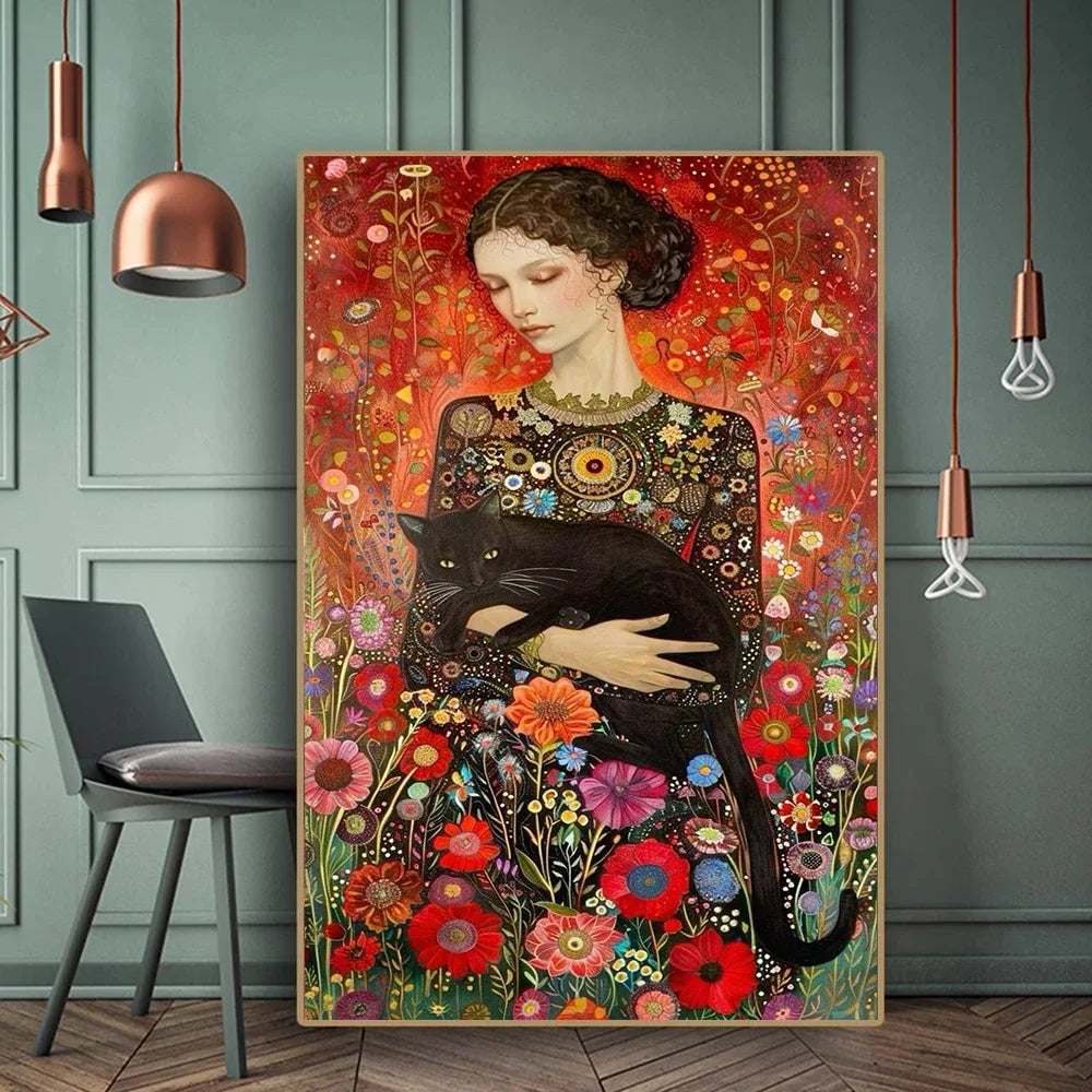 Abstract Woman And Cat Canvas Painting Wall Art Gustav Klimt Art Elegant Girl Poster Prints For Office Living Room Home