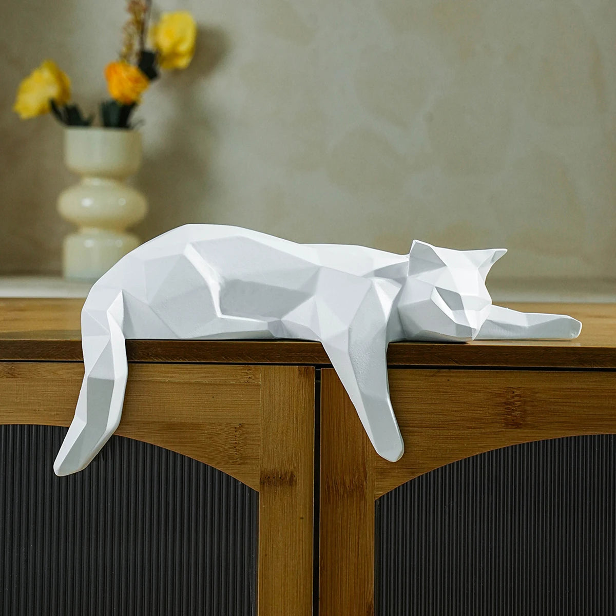 White Black Cat Statue - Geometric Modern Room Decor Figurine Sculpture for Home Office as Table Shelf Desk Decor Lying