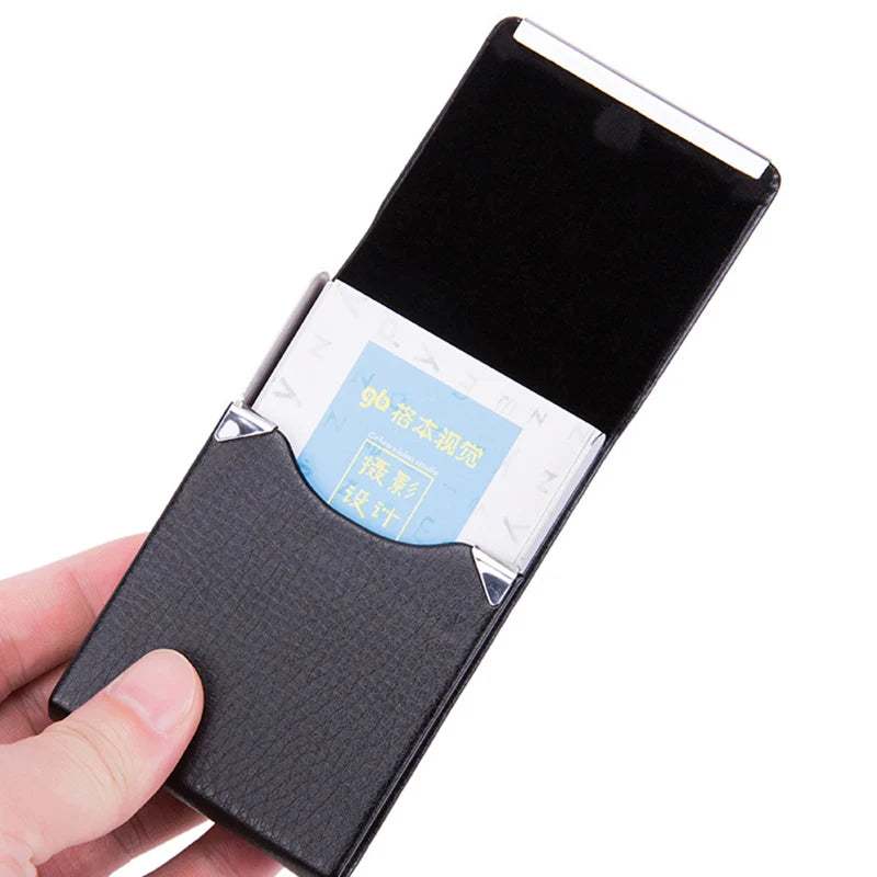 1 PC Business Card Holder Case Man Slim PU Leather Metal Pocket Card Holder with Magnetic Shut Black Name Card Holder