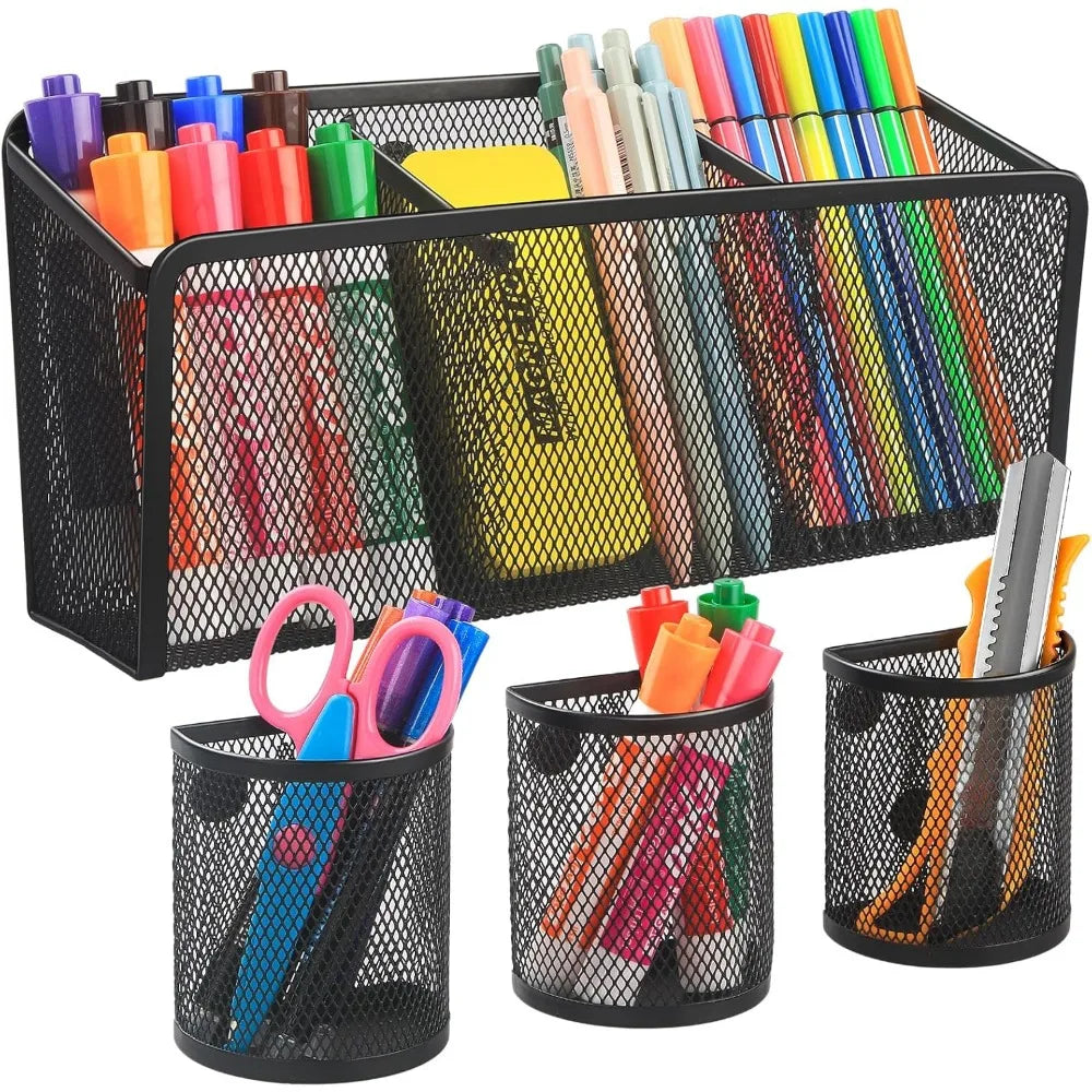 magnetic pencil holder - metal pen holder with strong magnets - storage basket organizer for whiteboard refrigerator