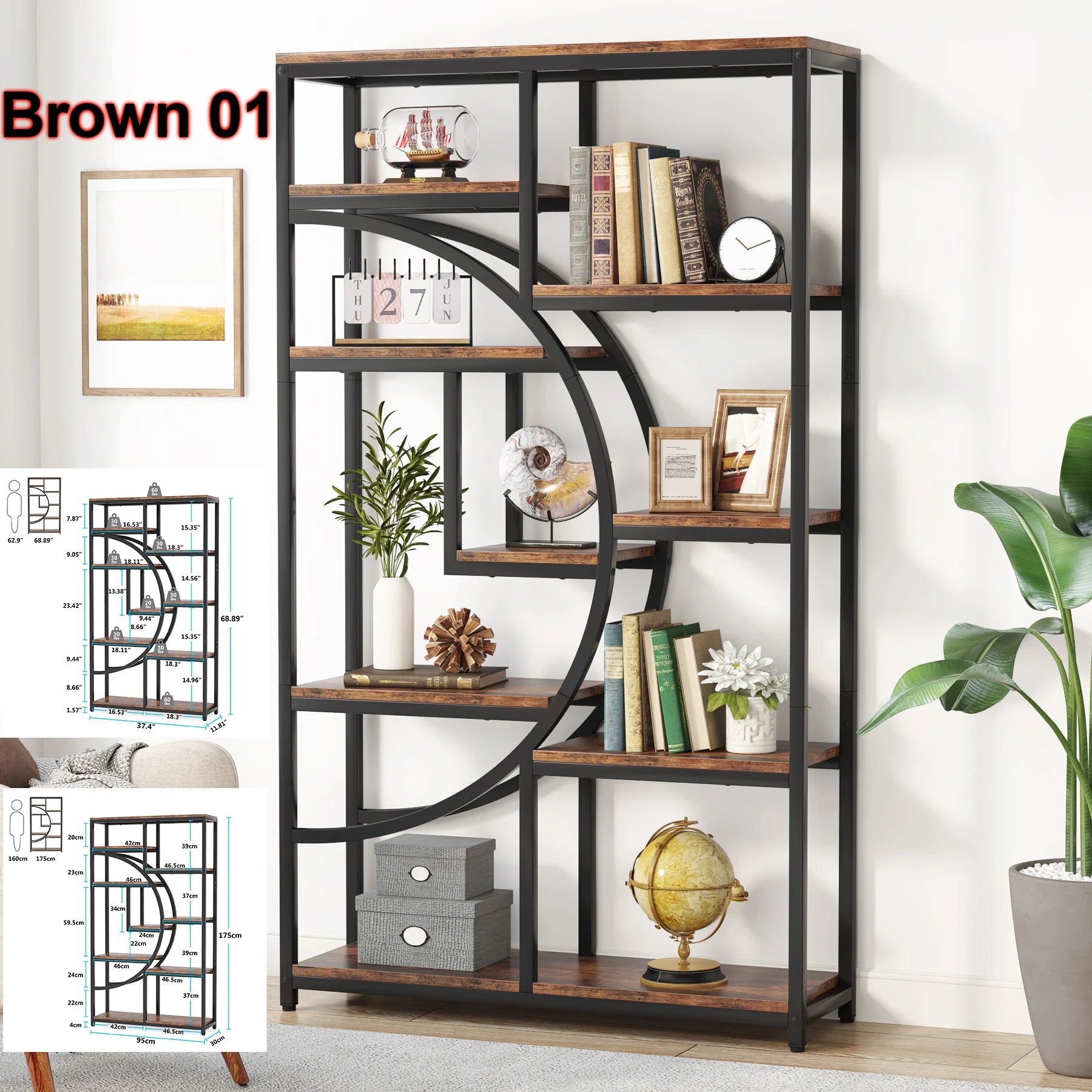 Tribesigns Bookshelf Industrial 5 Tier Etagere Bookcase Freestanding Tall Bookshelves Display Shelf Storage Organizer