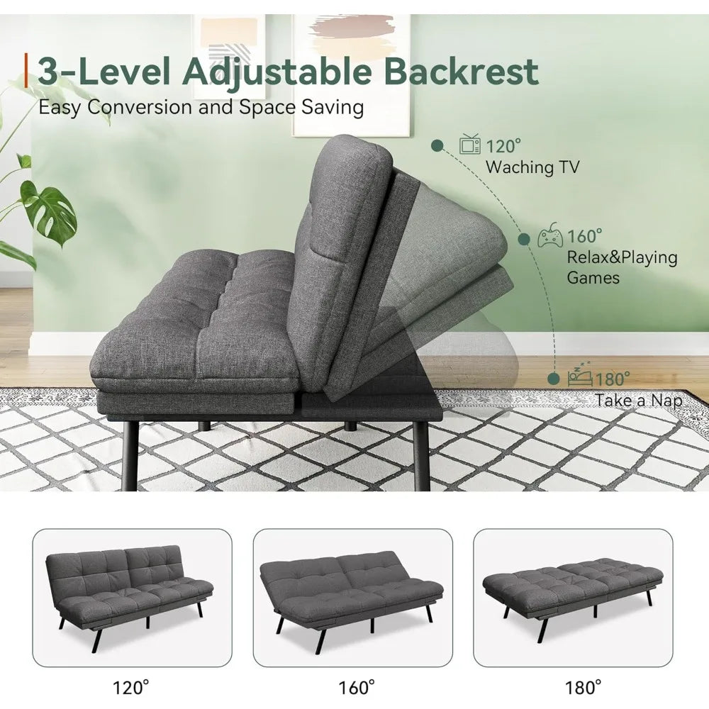 Convertible Futon Sofa Bed,71’’ Memory Foam Futon Couch,Detachable Cushion,Adjustable Backrest & Armrest,Linen Modern