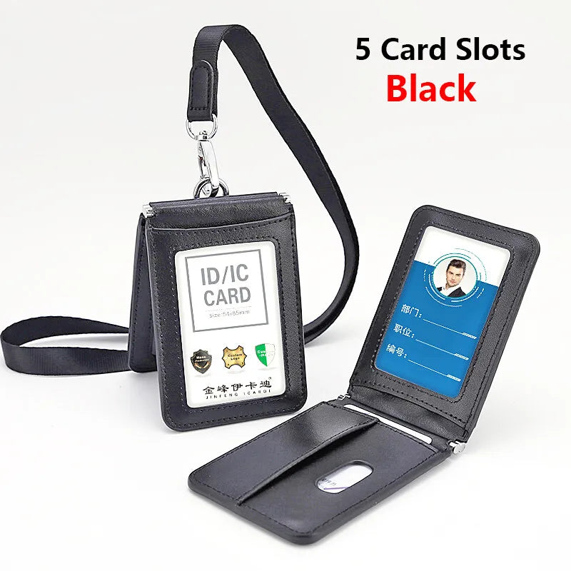 Top Grade Genuine Leather ID Badge Holder Business Cards Holders with Neck Lanyard Formal Staff Magnet Closed ID Card