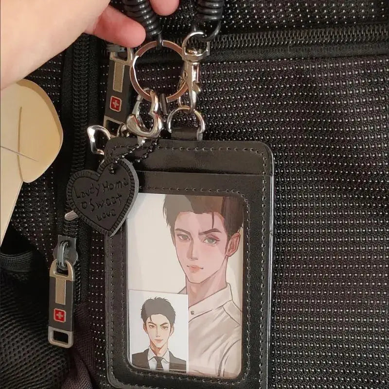 Black PU Leather Silver Cat Bow Pendant Photo Card Holder Student Campus Card ID Card Holder Campus Card Holder Keychain